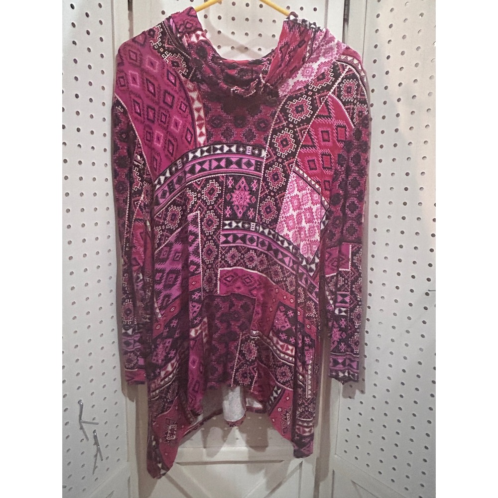 Ruby Rd. Pink Geometric Patchwork Cowl Neck Long … - image 2